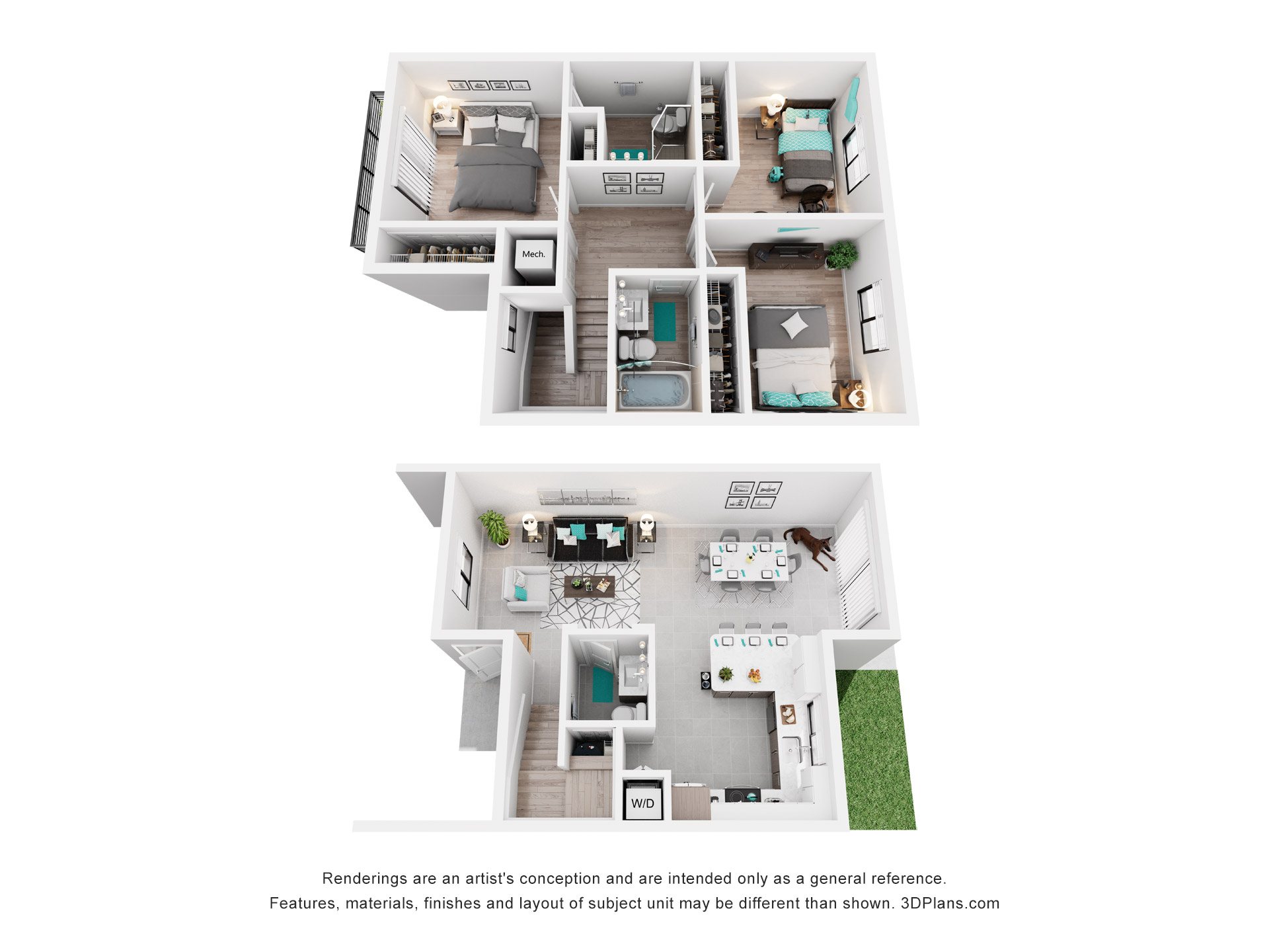 Floor plan for 3 beds, 2.5 baths, 1251 sqft
